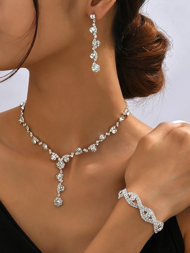 Elegant Rhinestone Jewelry Set for Women, Includes Necklace, Earrings, and Bracelet, Perfect for Weddings, Parties, and Formal Events 2025 - $14_99